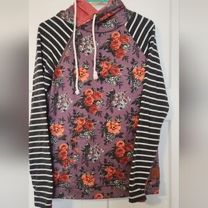 AMPERSAND AVE Purple Floral and Striped Cowl Neck Sweater